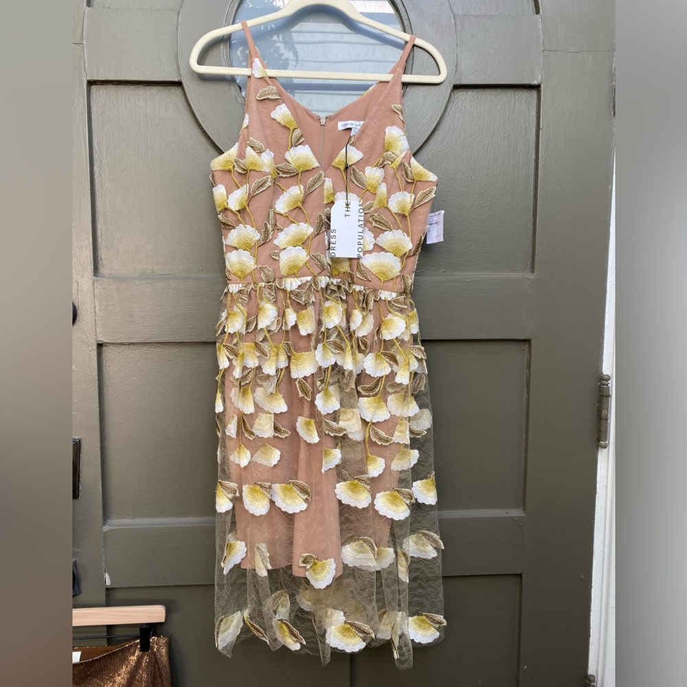 NWT Dress the Population Betsy Fit and Flare Midi Dress in Sunflower Lace